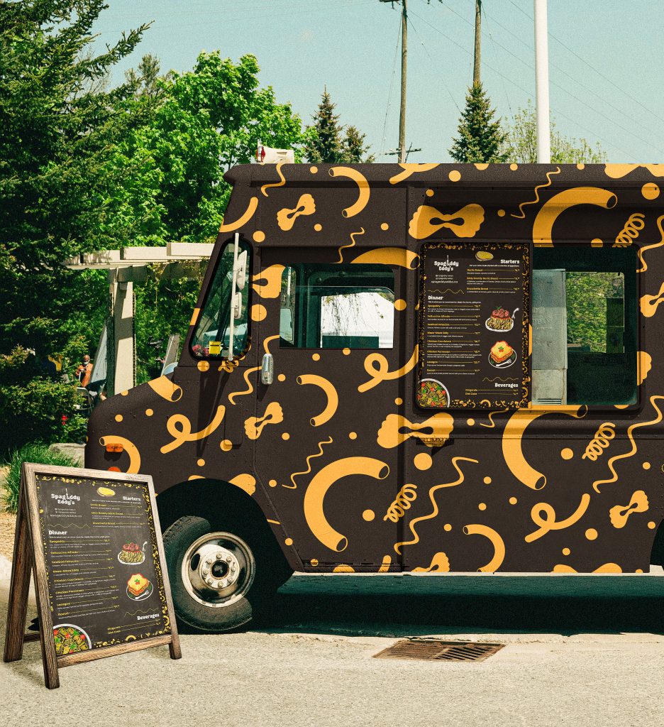 Mockup of a food truck with spaghetti pattern and menu board
