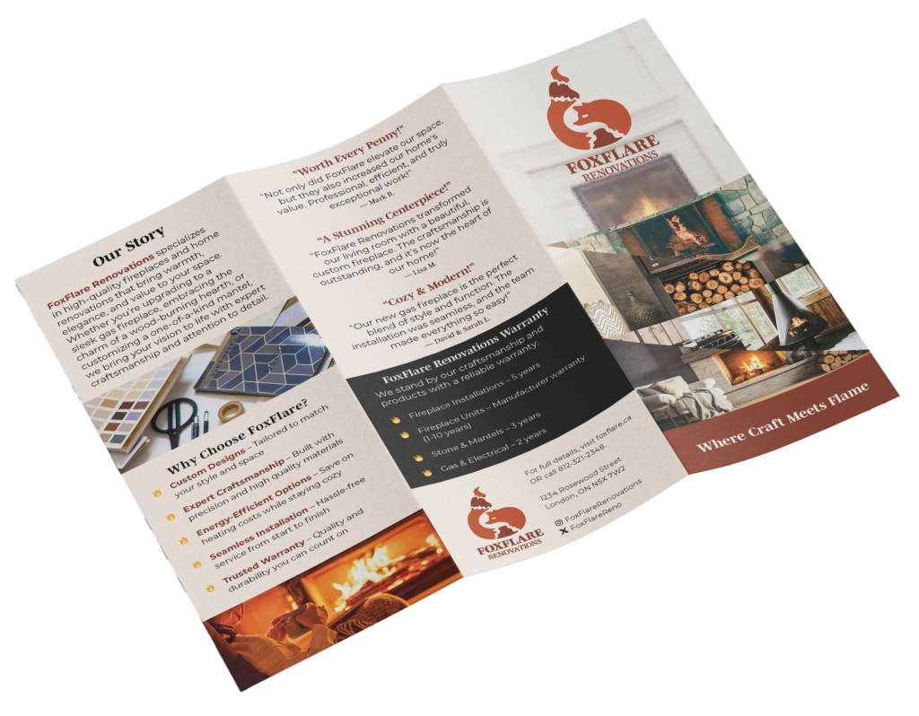 Brochure mockup for FoxFlare Renovations with clean, modern layout and home renovation visuals
