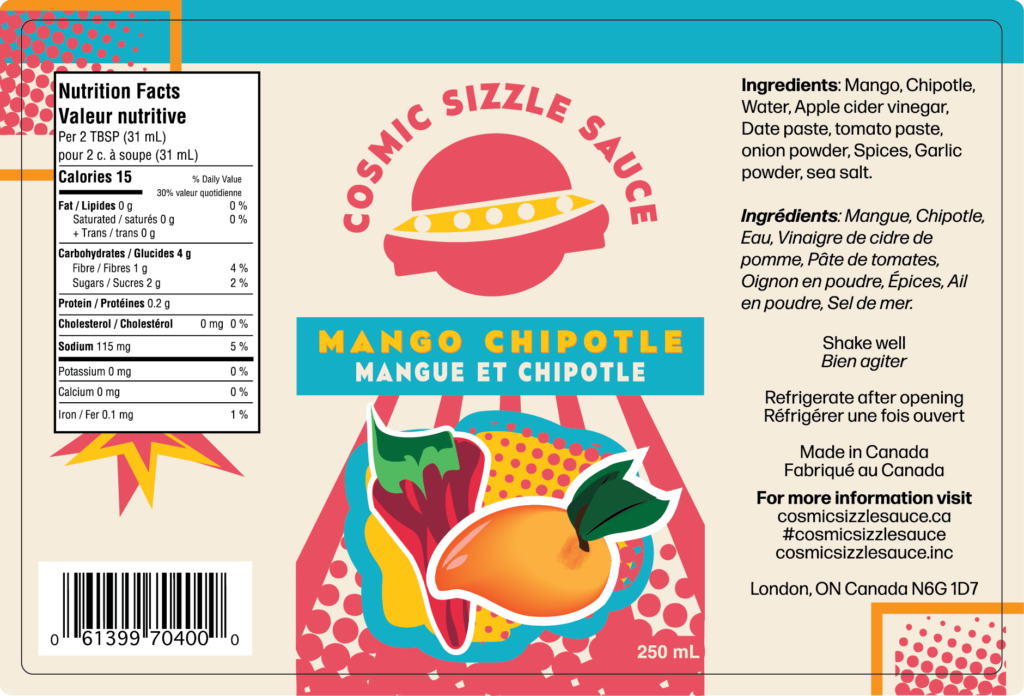Cosmic Sizzle Sauce bottle label featuring pop-art visuals