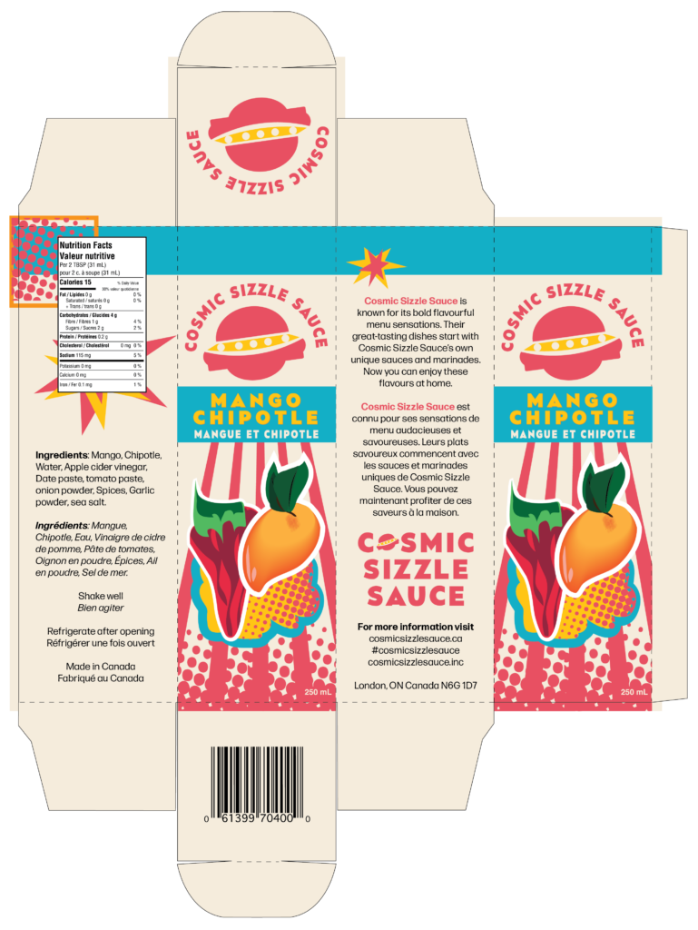 Cosmic Sizzle Sauce box packaging featuring pop-art visuals
