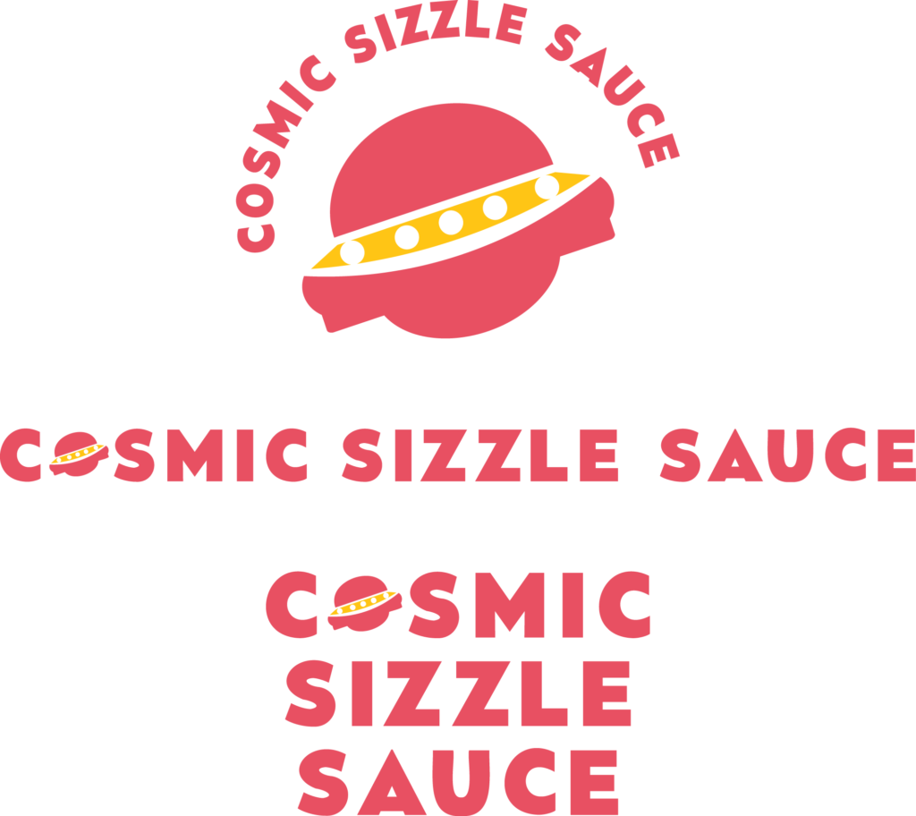 Logo variations for Cosmic Sizzle Sauce with UFO imagery