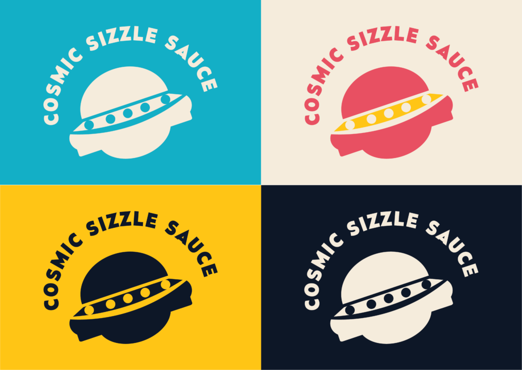 Cosmic Sizzle Sauce logo displayed in multiple color variations