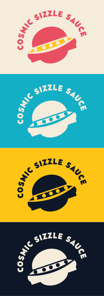 Cosmic Sizzle Sauce logo displayed in multiple color variations