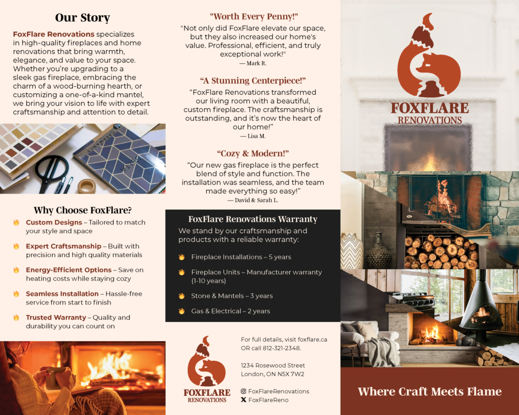 FoxFlare brochure spread featuring fireplace renovation visuals