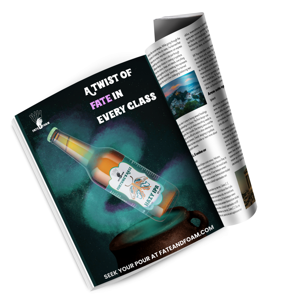 Fate and Foam ad magazine mockup with a beer bottle floating above a cauldron