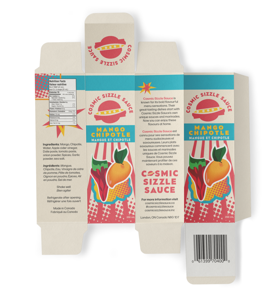 Mockup of Cosmic Sizzle Sauce box packaging