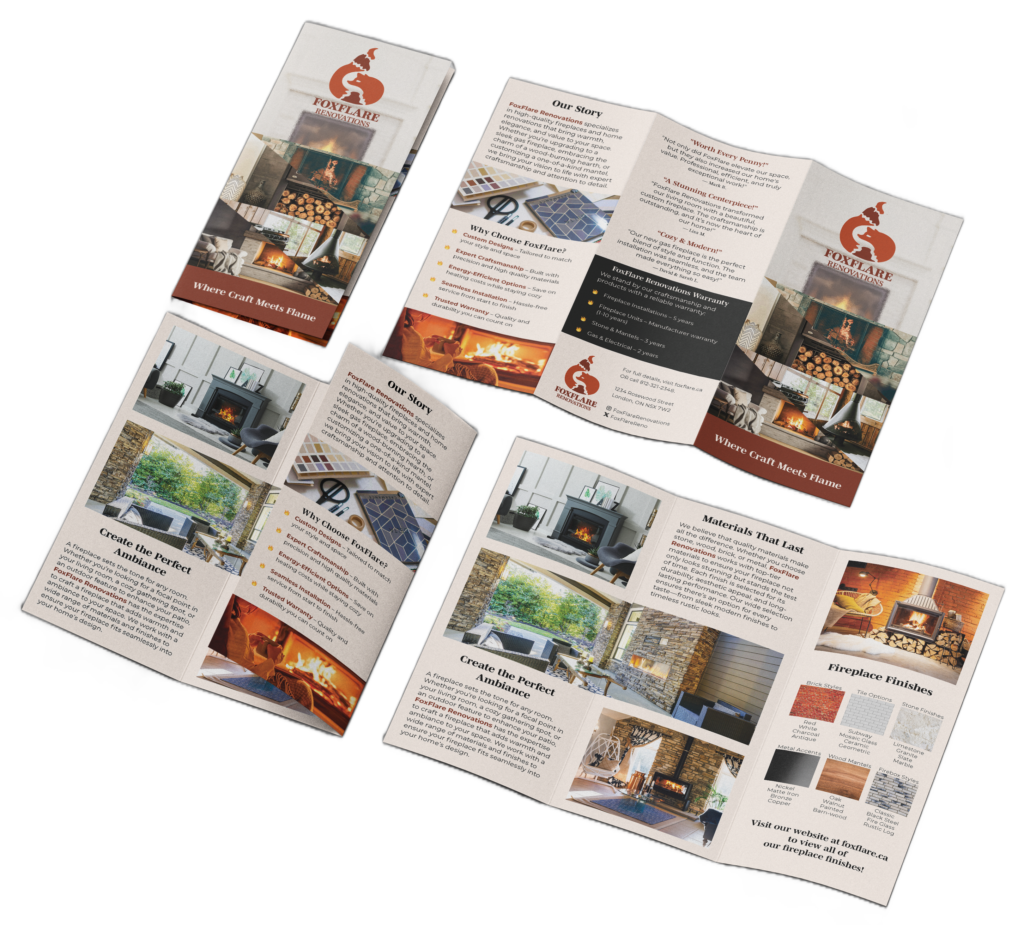 Full brochure mockup for FoxFlare Renovations showing front, back, and inside spreads with clean, modern layout and home renovation visuals
