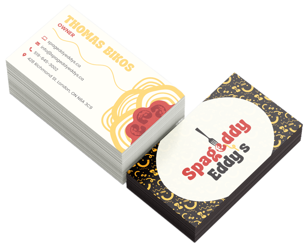 Front and back mockup of the re-designed Spageddy Eddy's business card