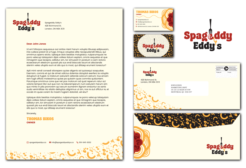 Re-designed Spageddy Eddy's corporate package, including letterhead, envelopes and business card