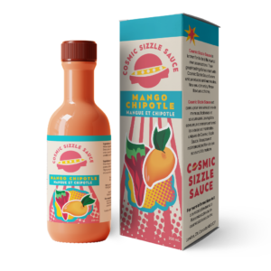 Cosmic Sizzle Sauce bottle and box