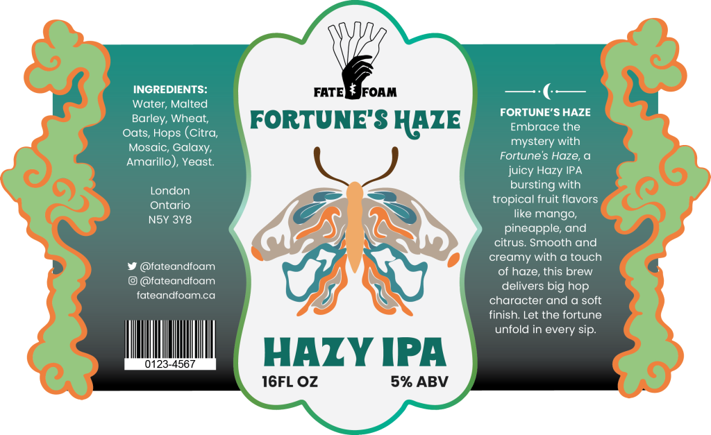 Beer label with a large green and orange butterfly illustration and bold typography for Fortune’s Haze Hazy IPA