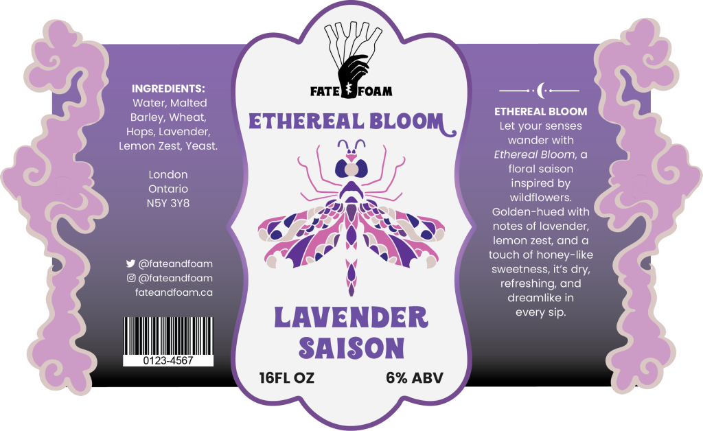 Beer label featuring a purple dragonfly with floral details and soft pastel colors for Ethereal Bloom Lavender Saison.