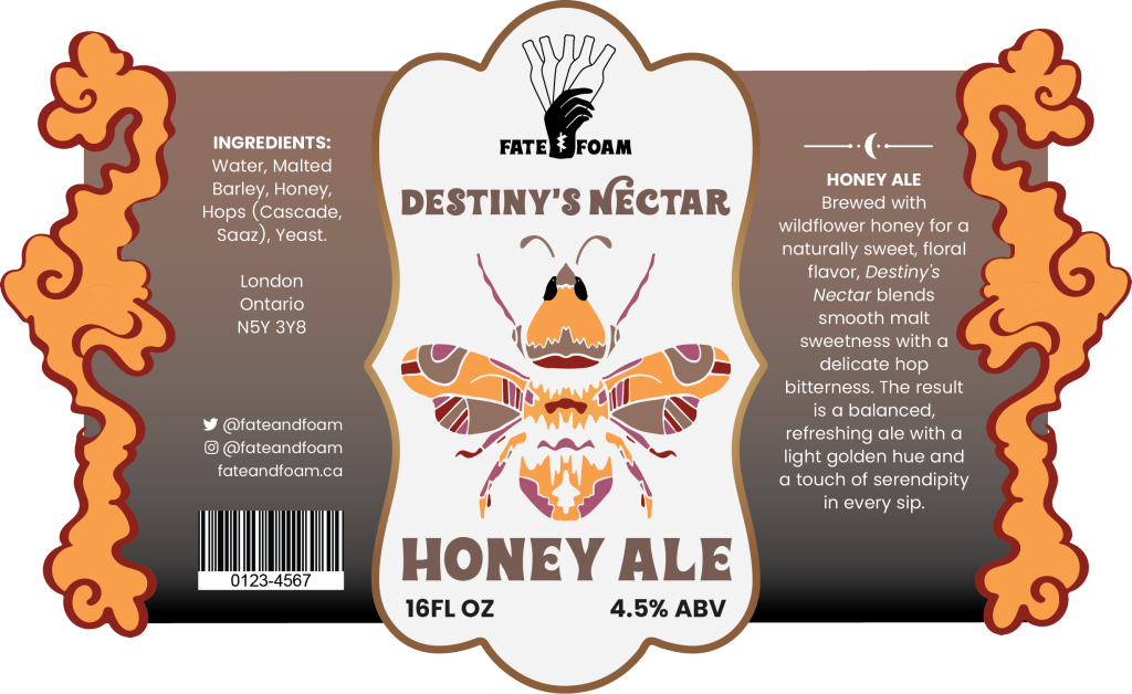 Beer label showing a golden bee illustration with warm tones and bold typography for Destiny’s Nectar Honey Ale.