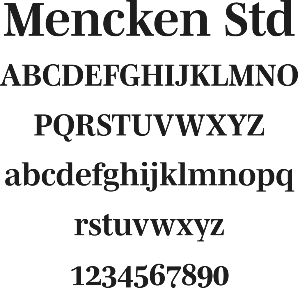 Mencken font type showing uppercase, lowercase, and numerals