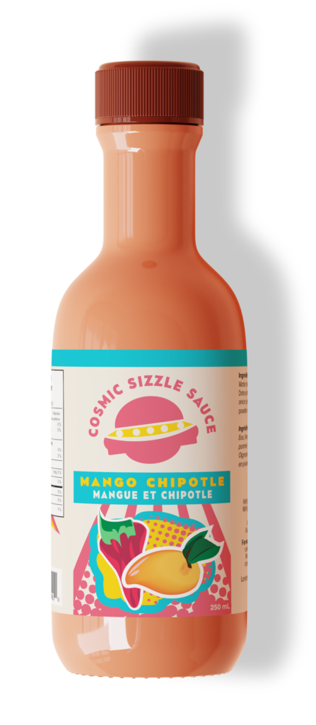 Mockup of Cosmic Sizzle Sauce bottle label