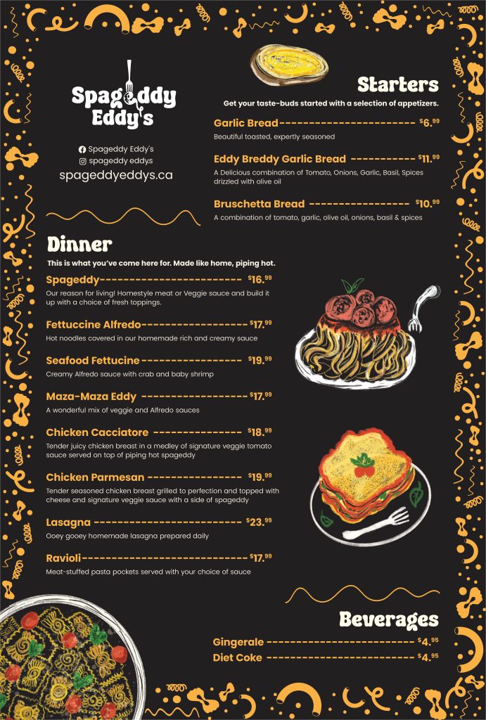 Redesigned Spageddy Eddy's menu with chalkboard illustrations and their italian comfort food favourites