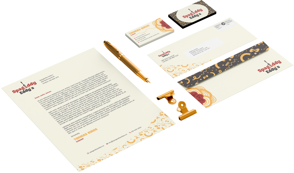 Re-designed Spageddy Eddy's corporate package, including letterhead, envelopes and business card