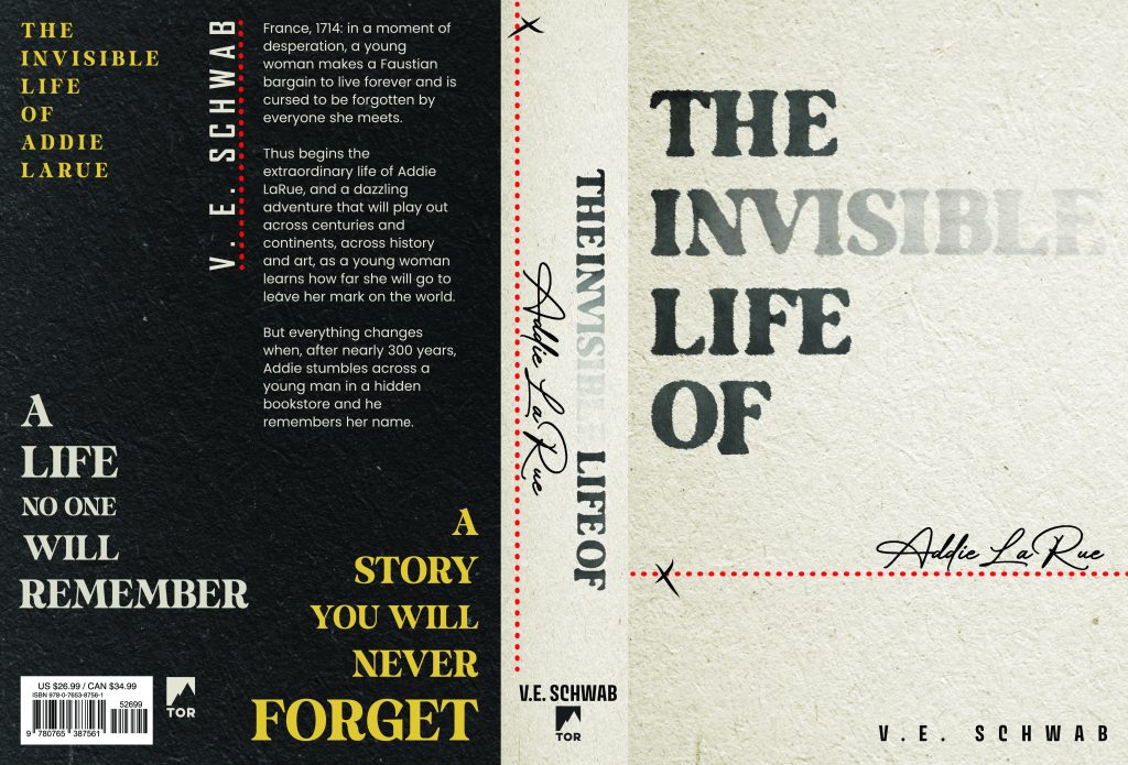 Typographic book cover for The Invisible Life of Addie LaRue by V.E. Schwab with vintage textures