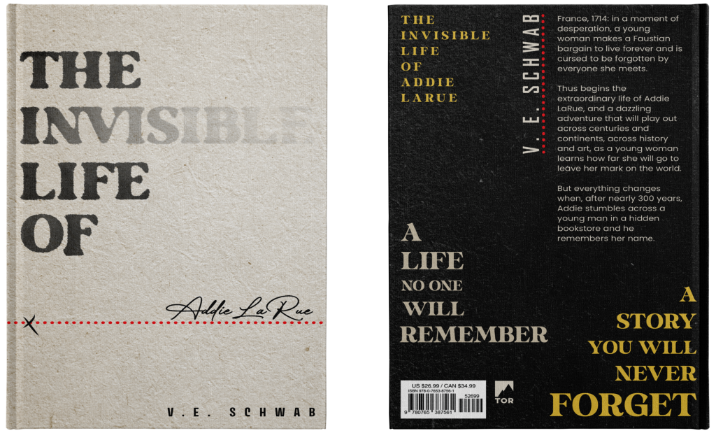 Mockup of a typographic book cover for The Invisible Life of Addie LaRue by V.E. Schwab with vintage textures