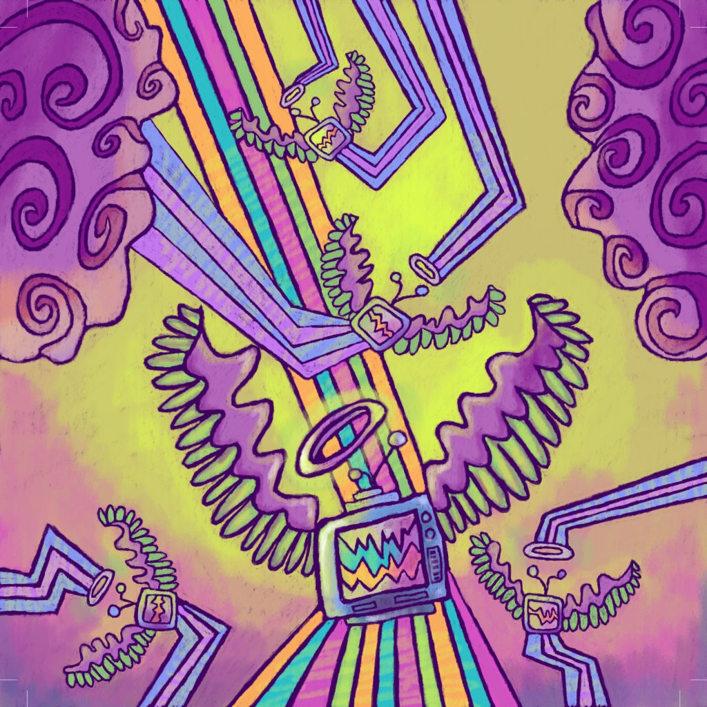 Bright illustration of televisions with wings in chalk pastel style